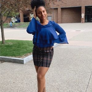 Blue long sleeve blouse with ruffles